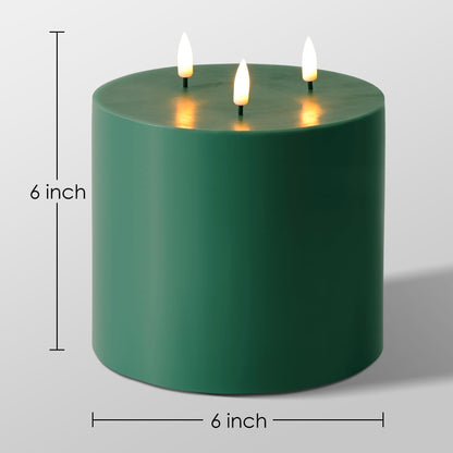 Girimax Green 3 Wick Flameless Candle with Remote, 6x6 inch Large LED Pillar Candle Battery Operated Real Wax Flickering Home Shelf Table Decor