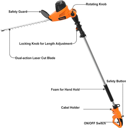 GARCARE Pole Hedge Trimmer Corded – 4.8A Electric Bush Trimmer with 18 Inch Dual-Action Blade, 6-Position Head & Long Reach Hedge Cutter for Tall Hedges, Shrubs