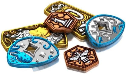 Merchants of The Dark Road: Lumi Metal Coins – Deluxe Metal Currency Upgrade for Board Game | Dual-Masked Multi-Color Coins | 1 5 &amp 10 Value Token Set