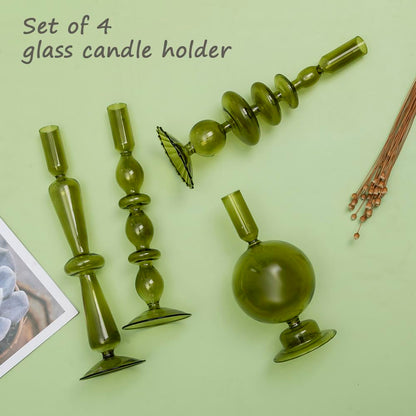 Amanman Candle Stick Candle Holder, Glass Candle Holders for Table Centerpiece, Modern Style Green Candle Holder Mixed 4pcs