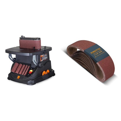 WEN 6524 Oscillating Belt and Spindle Sander & POWERTEC 4 x 24 Inch Sanding Belts, 3 Each of 60 80 120 150 240 400 Grits, 18PK