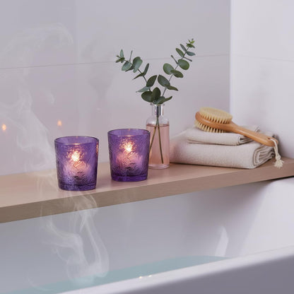 12 Pack Hummingbird Embossed Glass Candle Holders – Votive Tealight Holders with Patent Design, Decorative Embossed Glass Cups for Wedding Centerpieces, Parties, and Home Décor (Amethyst Bloom)