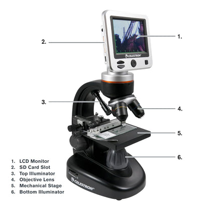 Celestron – LCD Digital Microscope II – 3.5" Screen – 5MP Camera – 40x–1600x Magnification – Rotating Head – SD Card Included – TV Output – Ideal for Slides, Labs, Classrooms, Biology, Education