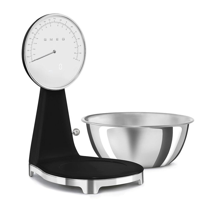 SMEG Retro-Style Analog & Digital Kitchen Scale, 11 lb Capacity, Rechargeable Battery, Backlit LCD Display, Stainless Steel Bowl (Black)