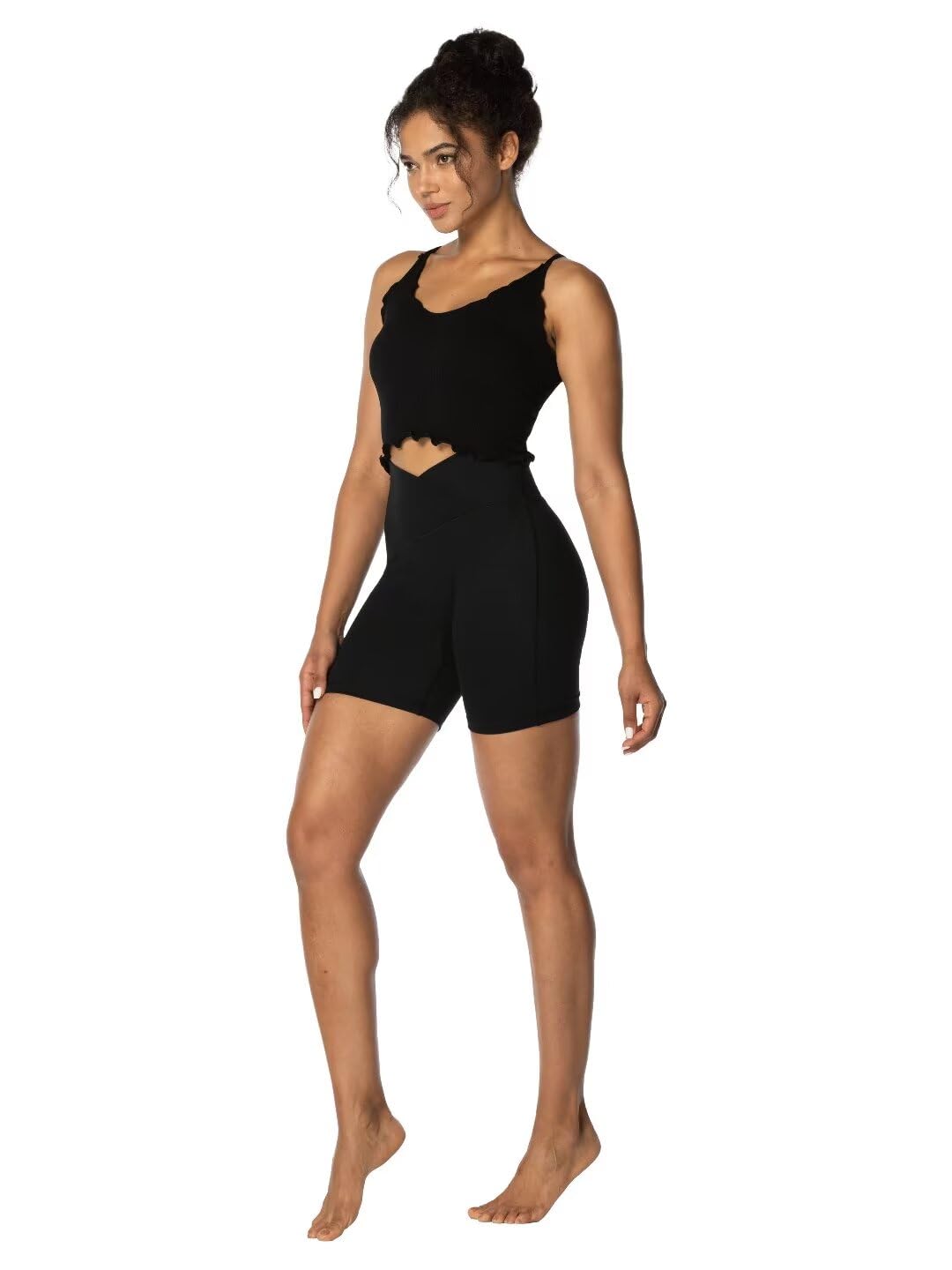 Sunzel Sunzfly Crossover Biker Shorts for Women, V Criss Cross High Waist Yoga Workout Gym Shorts with Tummy Control 6" Inseam Black Large