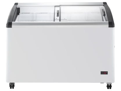 Duura Commercial Mobile Ice Cream Display Chest Freezer Sub Zero Temp Curved Glass Top Frost Free Lid with 5 Wire Baskets, 47.4 Inch Wide 12.8 Cubic Feet, White