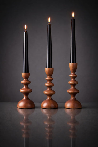 Wooden Candle Holders Set of 3 – Solid Wood Taper Candle Holders for Table Decor, Scandinavian Rustic Candle Stick Holders for Dining Table, Farmhouse Wooden Candlestick Holders