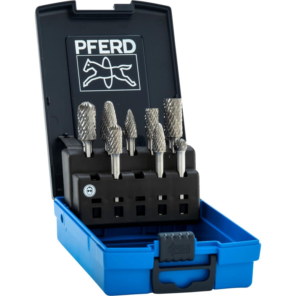 PFERD 8-Piece Tungsten Carbide Bur Set, OMNI Double Cut, 1/4" Shank – For Stainless Steel Grinding, Deburring & Metalworking, Includes Plastic Case - Part 28011
