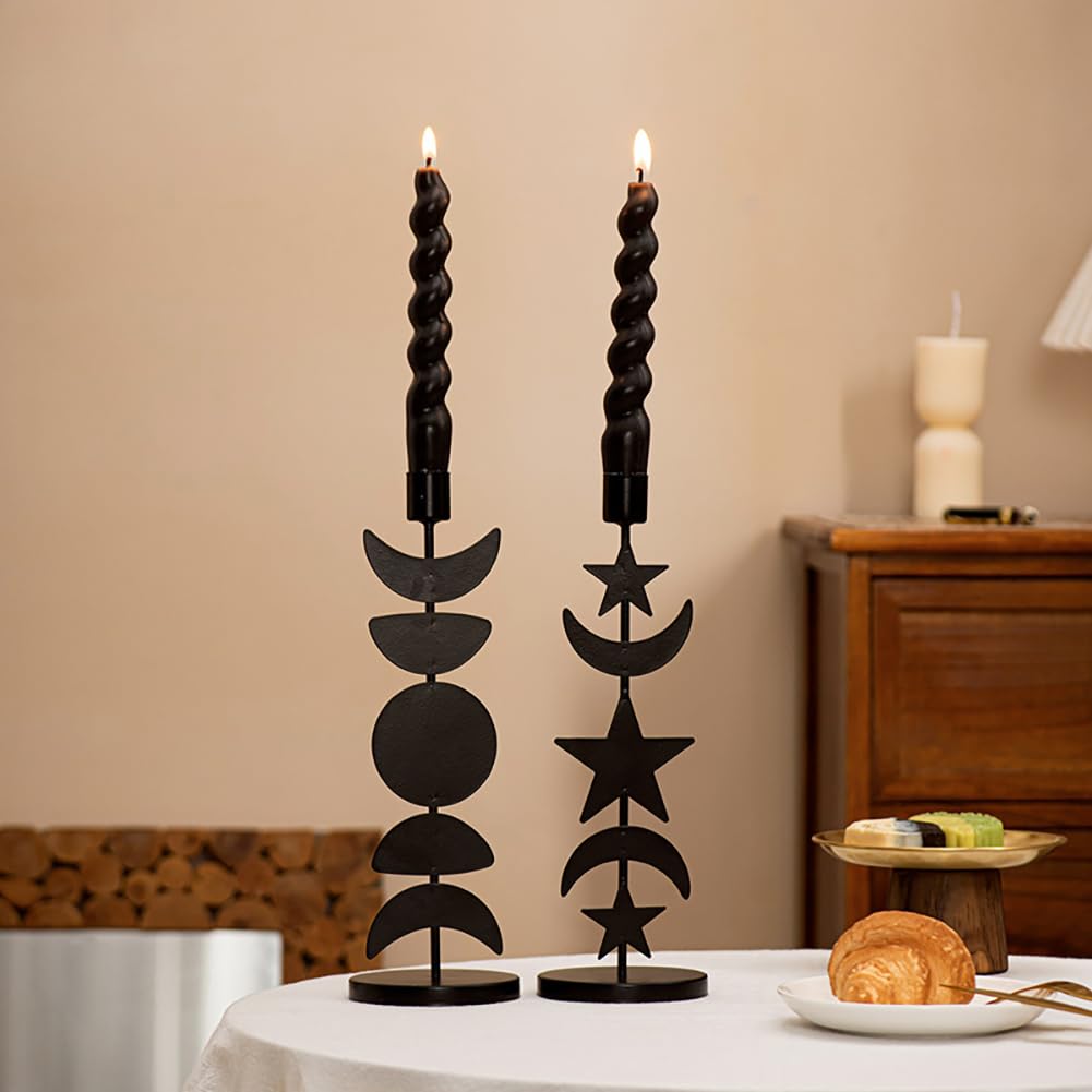 Iron Taper Candle Holder Matte Black Tall Star Moon Candlestick Holders Decorative Candle Stand Candlestick Holder for Wedding, Dining Table, Party Home Decoration (A)