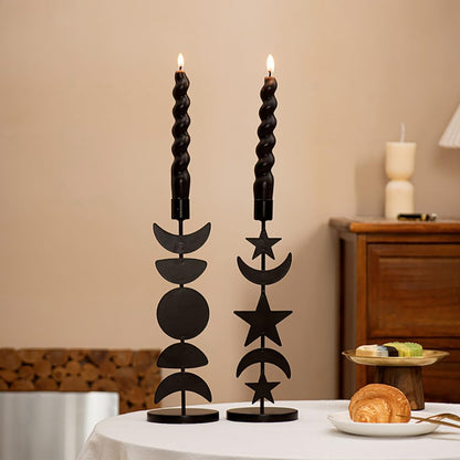 Iron Taper Candle Holder Matte Black Tall Star Moon Candlestick Holders Decorative Candle Stand Candlestick Holder for Wedding, Dining Table, Party Home Decoration (B)