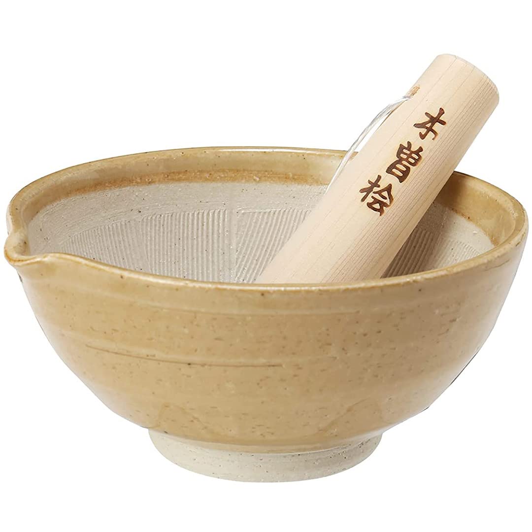 TIKUSAN Ceramic Ripple Ridge Mortar & Pestle (Suribachi & Surikogi) Set with Spout Made in Japan Mino Ware (Medium Brown)