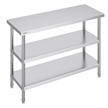 VEVOR Stainless Steel Food Prep Table, 18 x 48 x 34 Inch Commercial Kitchen Worktable, with 2 Adjustable Undershelf, Heavy Duty Prep Tables Metal Work Table for BBQ, Kitchen, Home, and Garage
