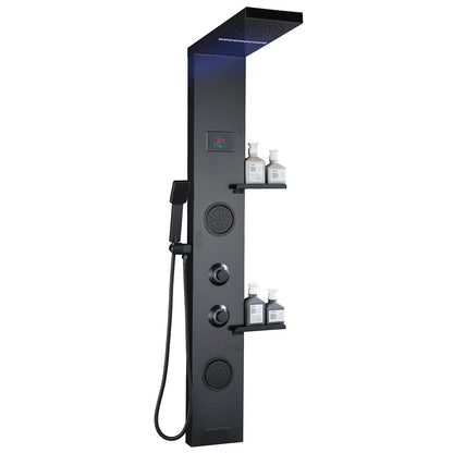 RUITHOE LCD Temperature Display Rainfall Shower Panels Tower System with Storage Shelf, Matte Black LED Light 304 Stainless Steel with Handheld Massage Body Jets Water Waterfall Bathtub