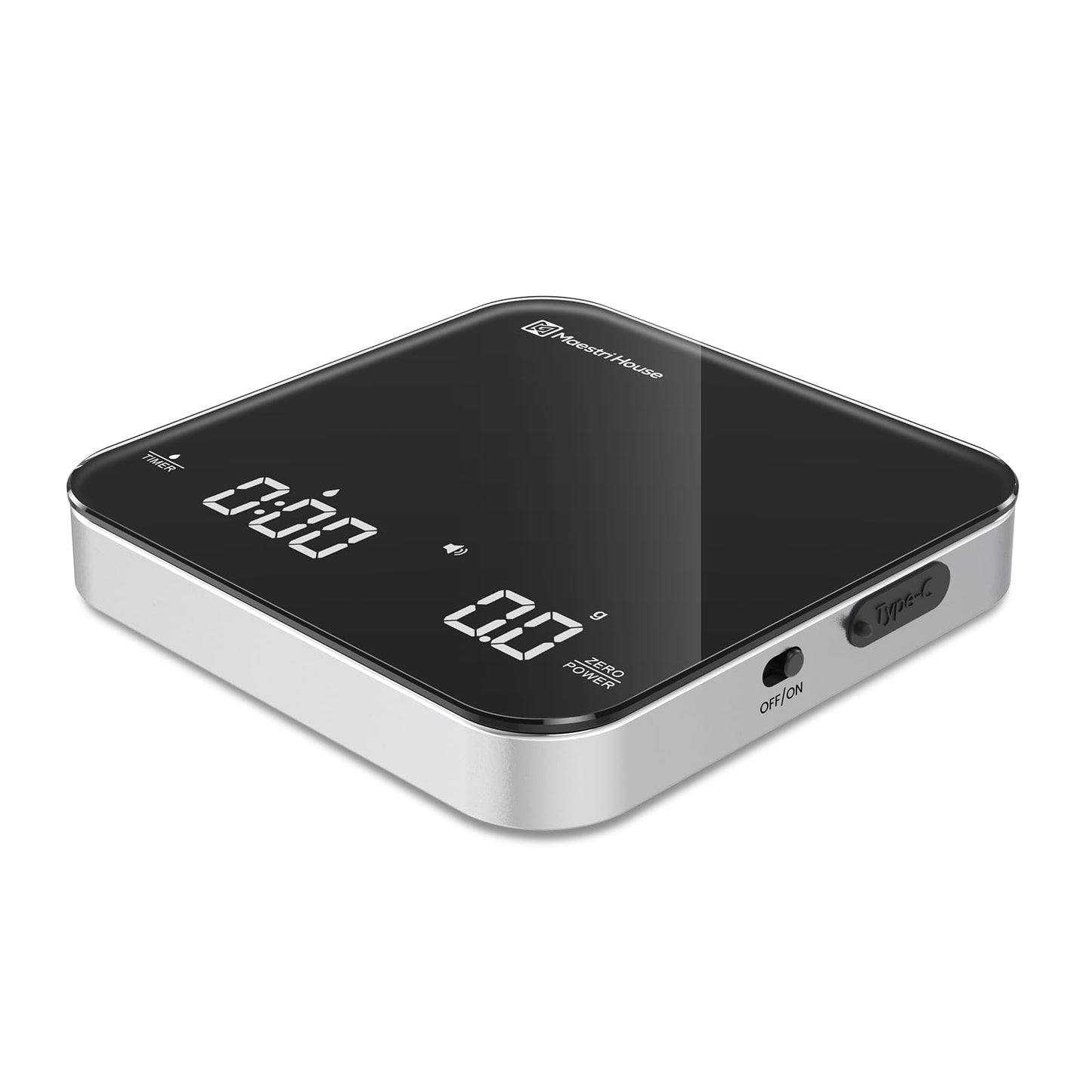 Rechargeable Mini Coffee Scale with Timer, Maestri House Espresso Scale, 2kg/0.1g Accurate Scale for Espresso and Pour-Over Coffee, Portable Digital Kitchen Scale with Automatic Timing（Black&Silver）