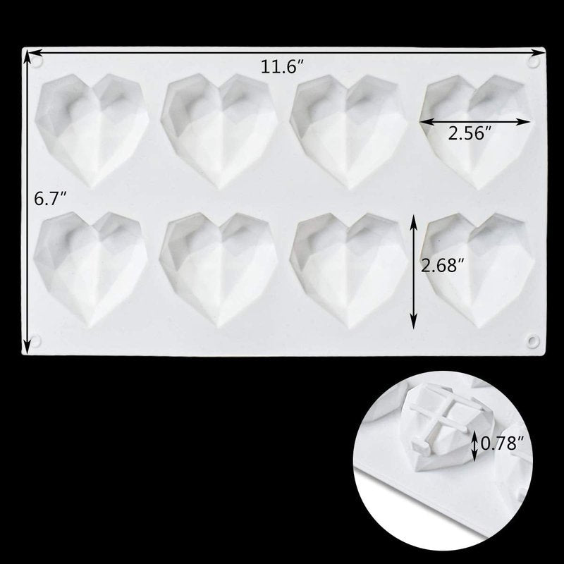 8 Grid Diamond Heart Silicone Cake Chocolate Mold Silicone Baking Pan Mold for DIY Cake Mousse Dessert 3D Diamond Love Heart Shaped Mould for Candy Fondant Ice Cream Soap Cupcake Cheesecake Jelly