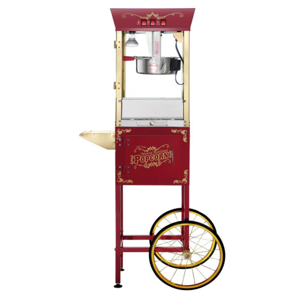 Matinee Popcorn Machine with Cart - 8oz Popper with Stainless-Steel Kettle, Warming Light, and Accessories by Great Northern Popcorn (Red)