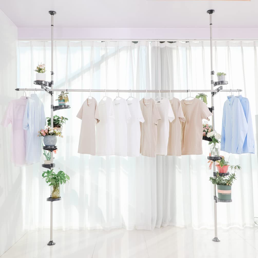 BAOYOUNI Indoor Plant Pole Stand Double Tension Rods Flower Pot Storage Shelf Holders Floor to Ceiling Display Rack Hanger with 12 Trays, 2 Hooks & 1 Telescopic Rod for Clothes Drying, Grey