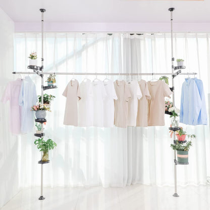 BAOYOUNI Indoor Plant Pole Stand Double Tension Rods Flower Pot Storage Shelf Holders Floor to Ceiling Display Rack Hanger with 12 Trays, 2 Hooks & 1 Telescopic Rod for Clothes Drying, Grey