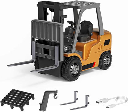 FunXylophy 1/64 Mini RC Forklift 2.4G 10KM/h Full-Proportional Remote Control Forklift with Wireless Controller Cargo Hook Forks and Pallet Christmas &amp Birthday Gifts (Yellow)