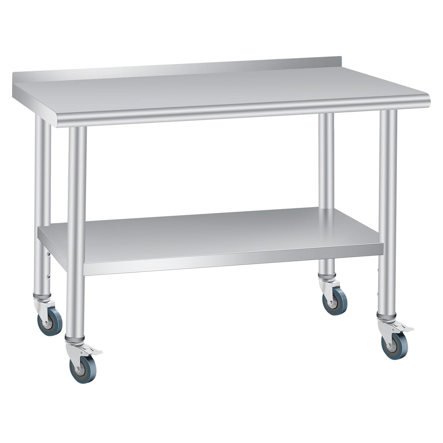 60 x 24 Inch Stainless Steel Prep Table, Heavy Duty Commercial Work Table with 4 Caster Wheels, Adjustable Undershelf & Rounded Corners, Metal Kitchen Workbench for Restaurant, Garage and Outdoor