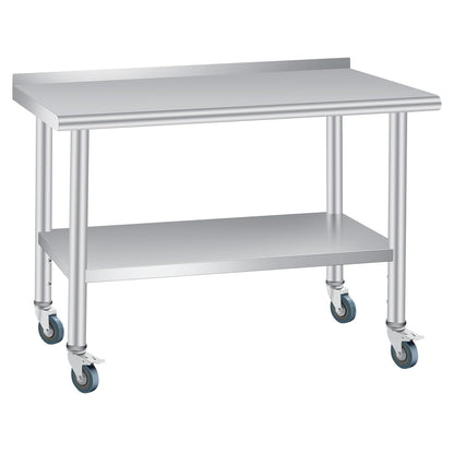 60 x 24 Inch Stainless Steel Prep Table, Heavy Duty Commercial Work Table with 4 Caster Wheels, Adjustable Undershelf & Rounded Corners, Metal Kitchen Workbench for Restaurant, Garage and Outdoor