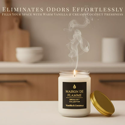 MAISON DE FLAMME Vanilla & Coconut Odor-Eliminating Scented Candle (White Jar, 200g/7oz) | Long-Lasting Premium Soy Wax Candle for Smoke, Kitchen & Pet Odors