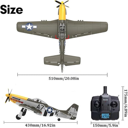 RC Plane 5CH 1406 Brushless P51D Mustang RC Airplane with 3D Aerobatic and 6-Axis Gyro 510mm 2.4GHz Radio RC Planes for Adult Beginners with Spare Battery and Propeller (Regular Version -2 Batteries)