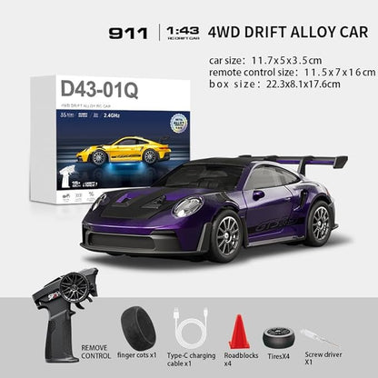 D43-01 1:43 Scale 2.4G Full Proportional 4WD Alloy RC Drift Car with Gyro System Silent Bearings Adjustable Speed &amp LED Lights for Adults High Speed Remote Control Racing Car