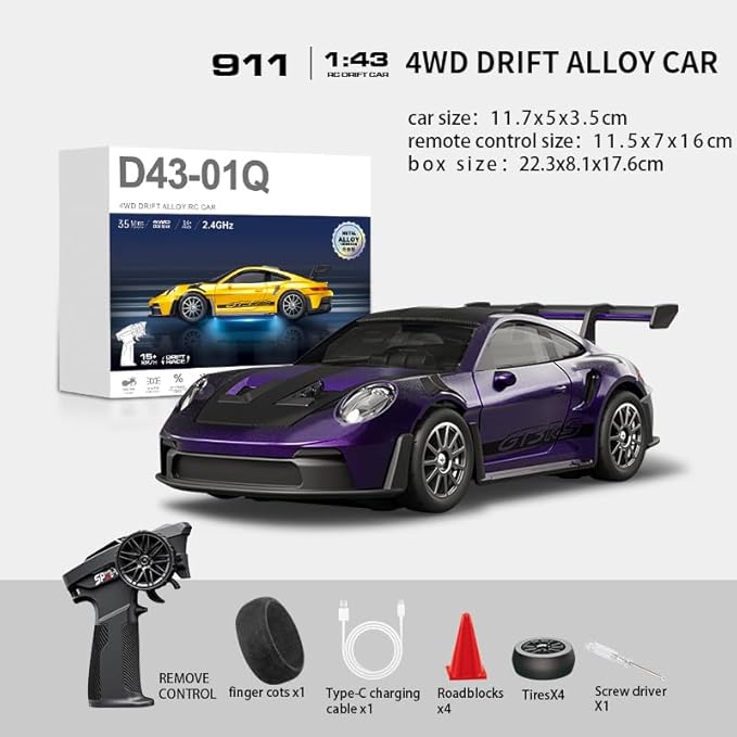 1/43 Scale RC Drift Car 2.4G Full Proportional 4WD Remote Control Car with Gyro Adjustable Speed &amp LED Lights Alloy RC Vehicle for Adult