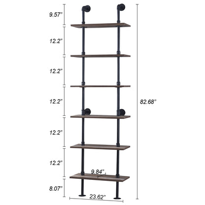 HOMBAZAAR Industrial Pipe Bookshelf,6 Tier Pipe Shelving,Wall Mounted Ladder Shelves with Metal Frame for Home Office,Living Room,Oak Brown