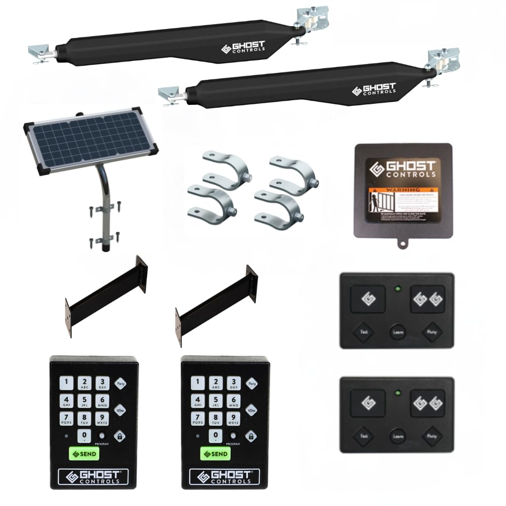 Ghost Controls Decorative Dual Solar Automatic Gate Opener with 2 Premium Wireless Keypads Bundle