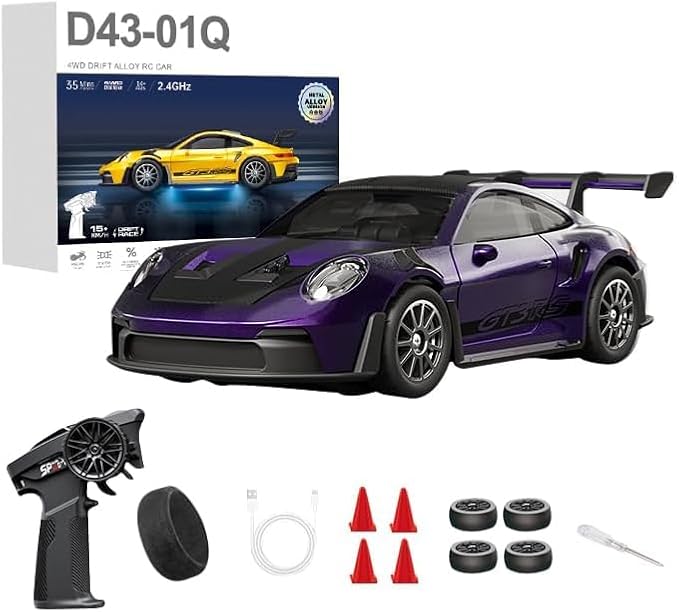 1/43 Scale RC Drift Car 2.4G Full Proportional 4WD Remote Control Car with Gyro Adjustable Speed &amp LED Lights Alloy RC Vehicle for Adult