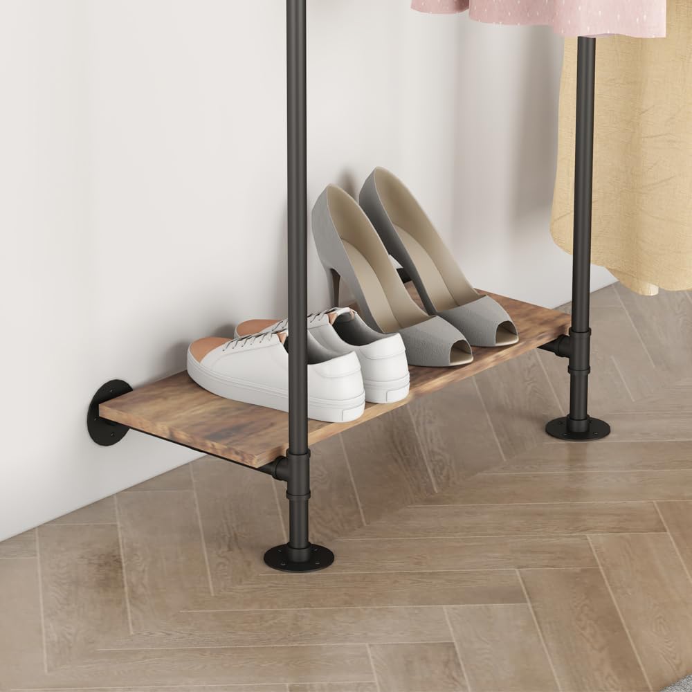 KaKaBB Industrial Pipe Clothing Rack, Wall Mounted Clothing Rack for Hanging Clothes, Adjustable L Shape Corner Clothes Rack with Shelves, Closet System for Walk in Closets(BLACK)