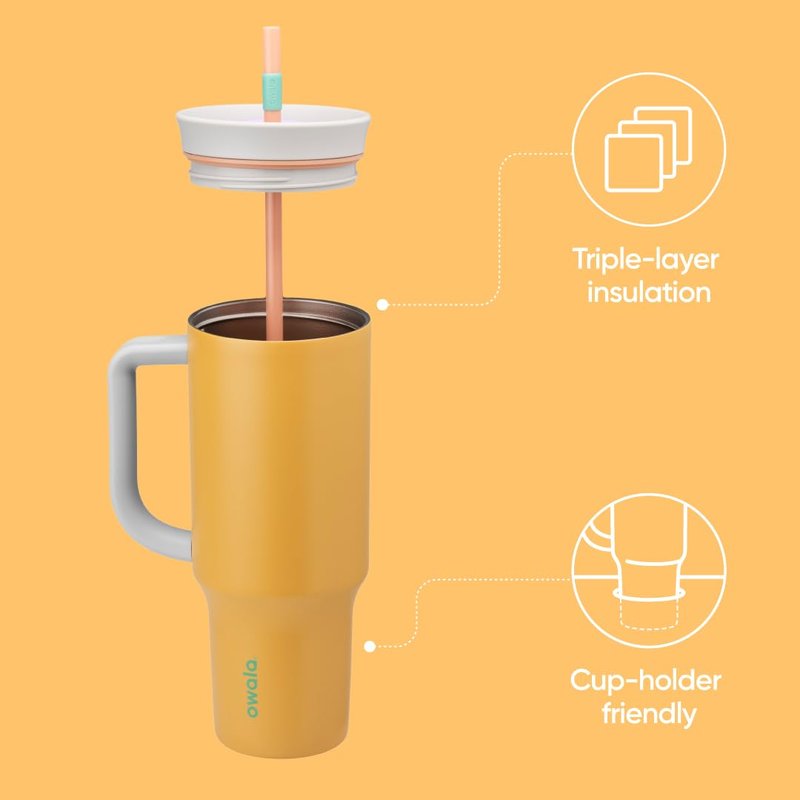 Owala Stainless Steel Triple Layer Insulated Travel Tumbler with Spill Resistant Lid, Straw, and Carry Handle, BPA Free, 40 oz, Orange (Tropical)