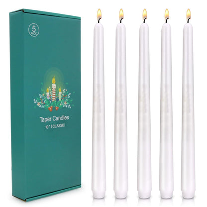 10 inch Cone-Shaped Candle Set of 5- Drip Free Dinner Candle - Long Burning, Perfect for Dinner, Parties, or Weddings (White)