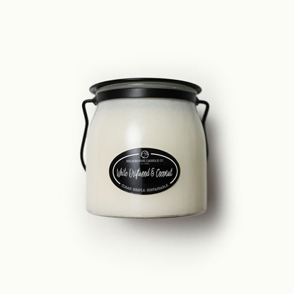 Milkhouse Candle Company White Driftwood & Coconut Soy Candle - Coconut Water | Mandarin Orange | Rosewater Scented - 16 oz Butter Jar with Lid, 65+ Hour Burn Time, Made in the USA