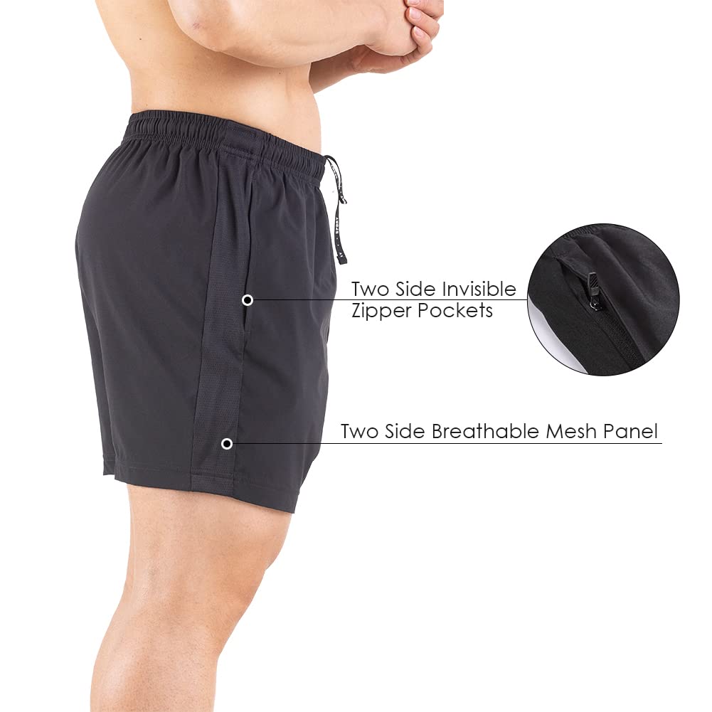 Gaglg Men's 5" Running Shorts 2 Pack Quick Dry Athletic Workout Gym Shorts with Zipper Pockets Black/Green,X-Large