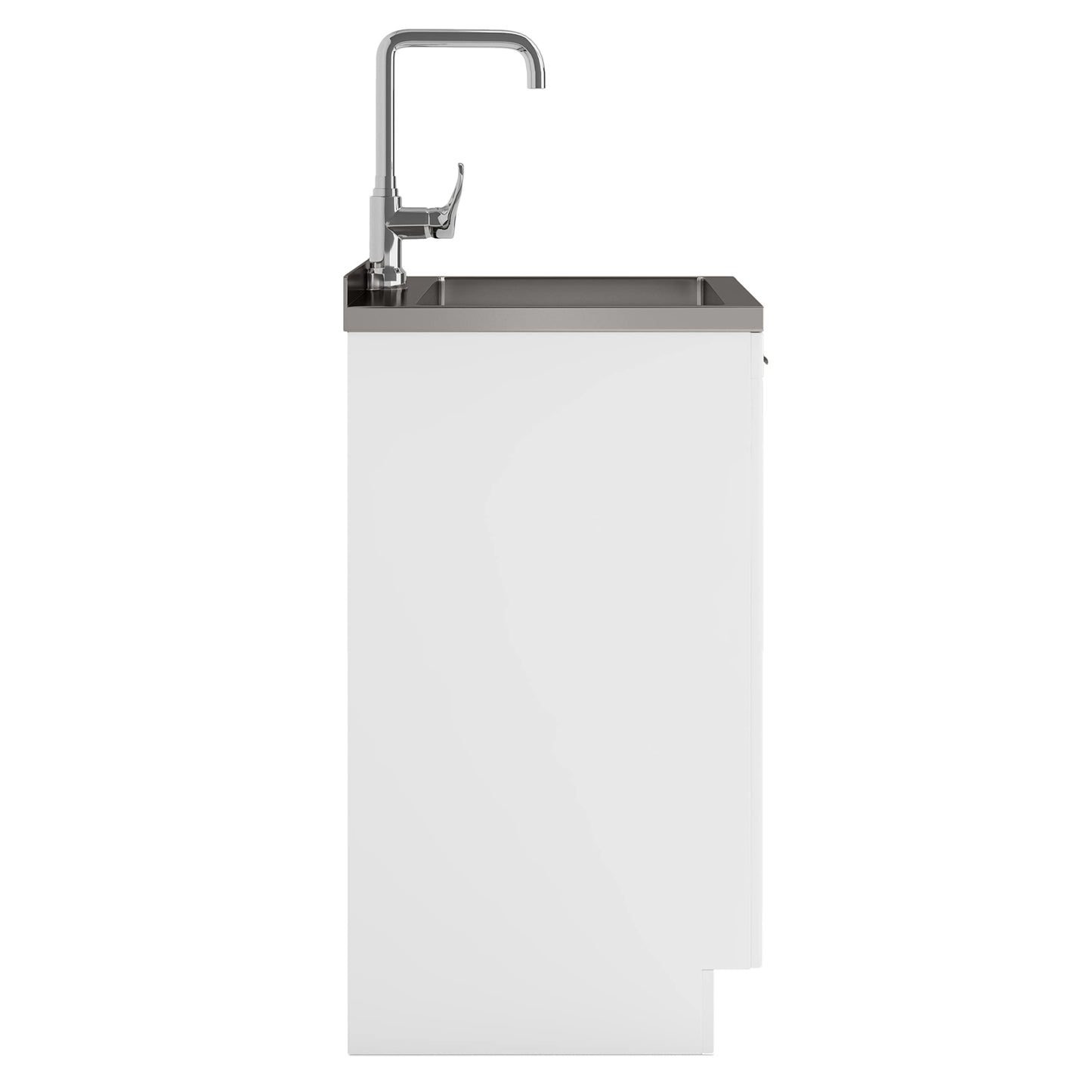 SIMPLIHOME Murphy All-in-One 24 inch Wide Utility Sink and Laundry Cabinet in Pure White Finish, Transitional Stainless Steel Sink Cabinet for Laundry Rooms with High-Arch Chrome Faucet and Storage