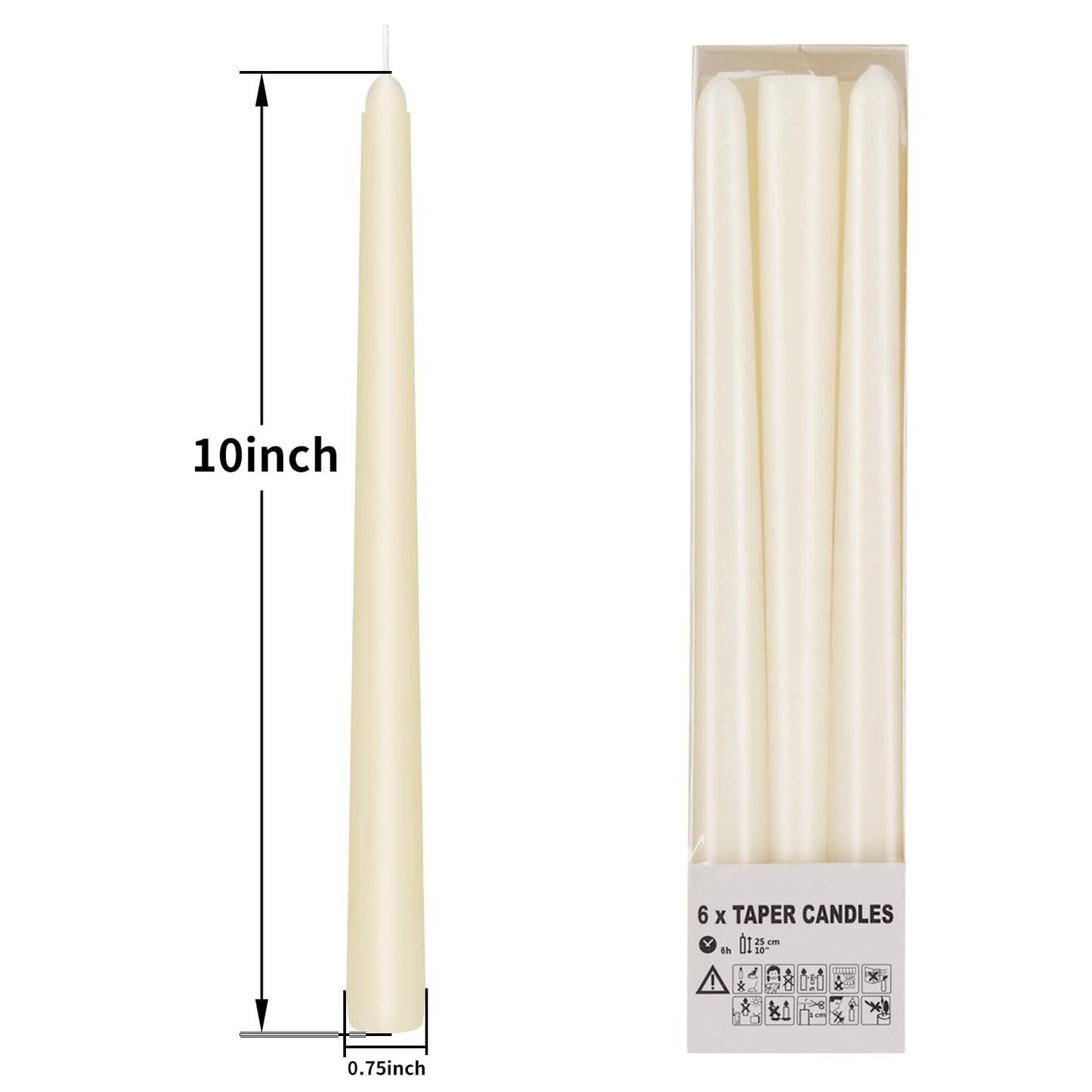 KORCCI Ivory Taper Candles 10 Inch - Set of 6 Long Candles, 8 Hours Long Burning, Smokeless & Unscented & Dripless, for Christmas Holiday Décor, Weddings, Birthdays, Dinner, Rituals (Ivory)