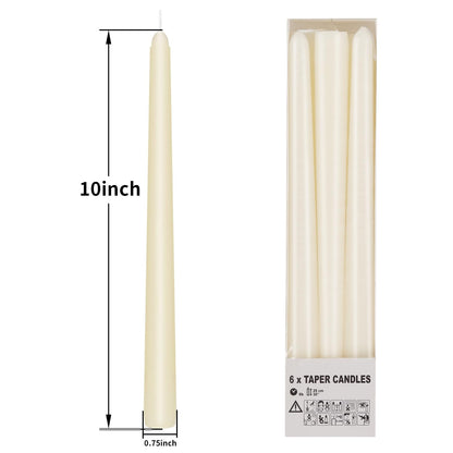 KORCCI Ivory Taper Candles 10 Inch - Set of 6 Long Candles, 8 Hours Long Burning, Smokeless & Unscented & Dripless, for Christmas Holiday Décor, Weddings, Birthdays, Dinner, Rituals (Ivory)
