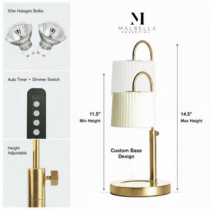 Dimmable Glass Candle Warmer Lamp with Timer - Adjustable Height Candle Lamp Warmer with Timer (8H/4H/2H) - Wax Melter - Ideal Gift, fits Various Size Scented Candles - 02 Bulb - (Gold Metal)