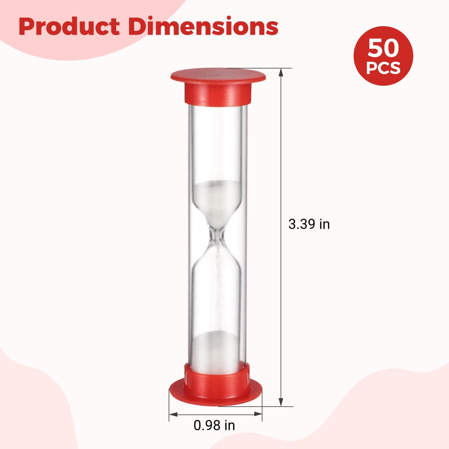 1 Minute Sand Timer, 50 Pcs Plastic Sand Timers, Small Hourglass Timers with White Sand for Games, Mini Sandglass Clock for Classroom, Home, Red
