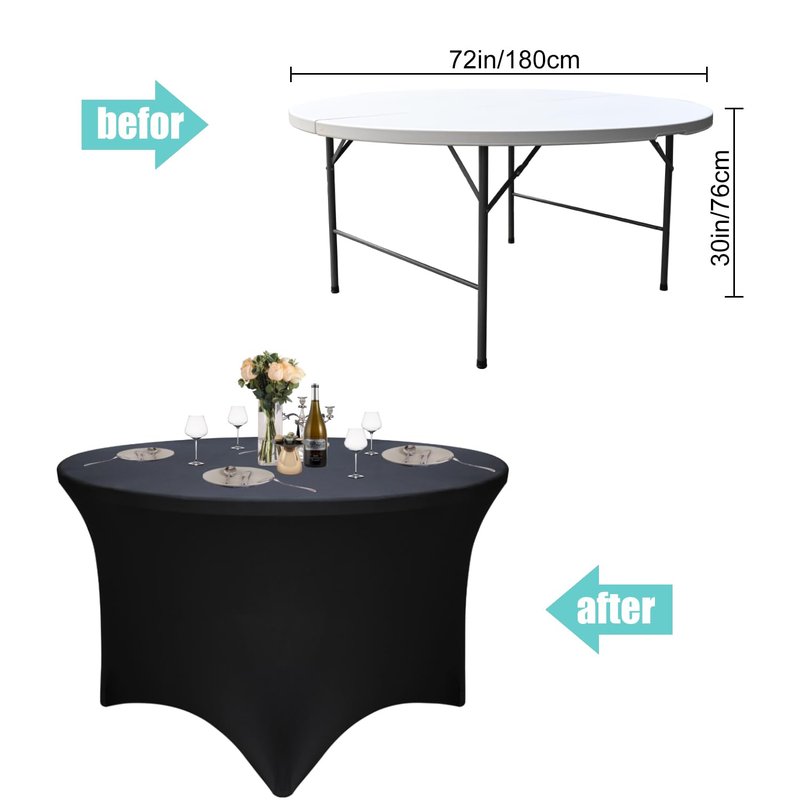 4 Pack Black 72-Inch Diameter x 30-Inch High Round Spandex Tablecloth for 6FT Round Tables|Fitted Stretch Tablecloth with Foot Bag for Party, Wedding, Birthday, Banquet, Vendor Stand