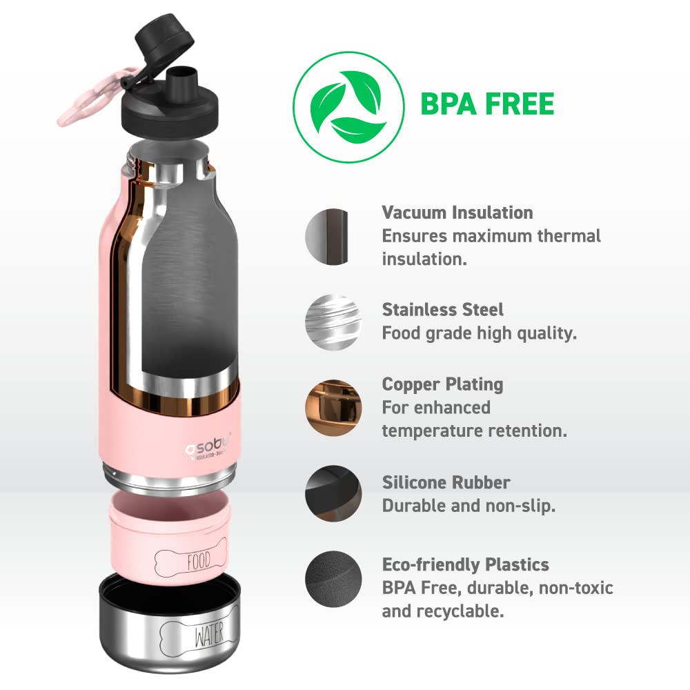 Asobu Dog Barky Bottle – Insulated Stainless Steel Water Bottle with 2 Removable Dog Bowls for Food, Treats & Water – Pet-Friendly Travel Bottle for Hiking, Road Trips & Outdoor Adventures