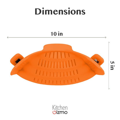 Kitchen Gizmo Snap N Strain Clip On Strainer for Pots and Pans - Adjustable Silicone Colander for Kitchen - Compact Clip-On Food Strainer for Draining Pasta and Vegetables - Orange