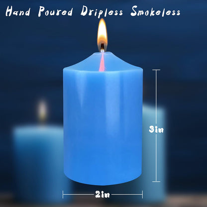 12 Pack 2x3 Inch Blue Pillar Candles, Unscented Column Candles for Home Restaurants Spa Church Weddings, Smokeless Dripless and Clean Burning Emergency Candle