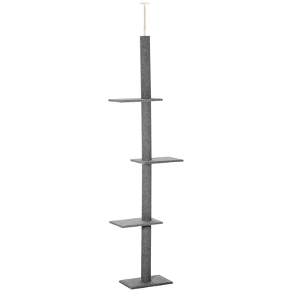 PawHut Floor-to-Ceiling Cat Tree Cat Climbing Tower with Sisal-Covered Scratching Posts Natural Cat Tree Activity Center for Kittens Cat Tower Furniture, Grey