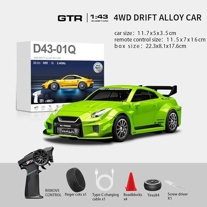 D43-02 1:43 Scale 2.4G Full Proportional 4WD Alloy RC Drift Car with Gyro System Silent Bearings Adjustable Speed &amp LED Lights for Adults High Speed Remote Control Racing Car