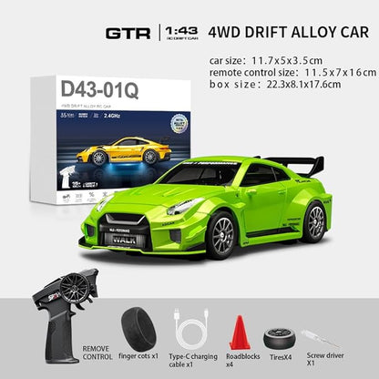 D43-02 1:43 Scale 2.4G Full Proportional 4WD Alloy RC Drift Car with Gyro System Silent Bearings Adjustable Speed &amp LED Lights for Adults High Speed Remote Control Racing Car