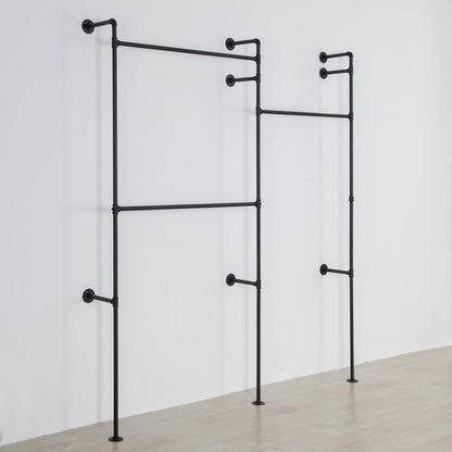 EDCB Wall Mounted Industrial Pipe Clothing Rack Garment Racks Pipeline Vintage Rolling Rack On Wall, Heavy Duty Rustic Gold Metal Garment Frame for Bedroom, Living room (Black)